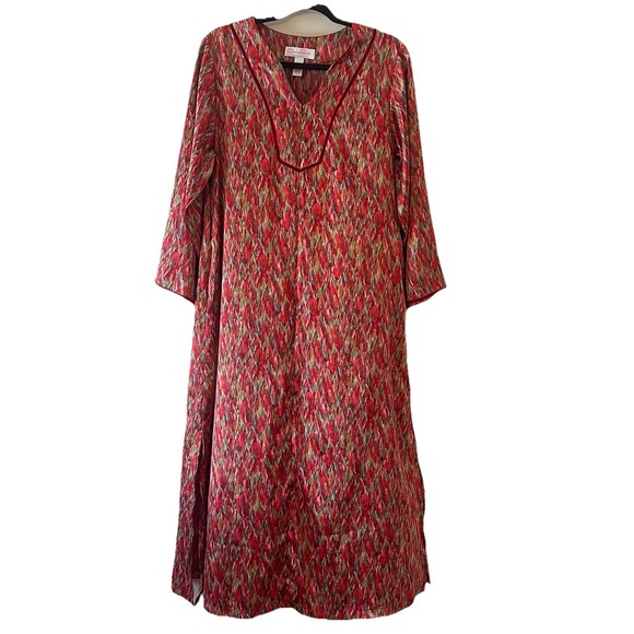 Oscar de la Renta Geometric Satin Pockets Caftan Dress Muumuu‎ Half Zip Sz Small - Picture 1 of 14
